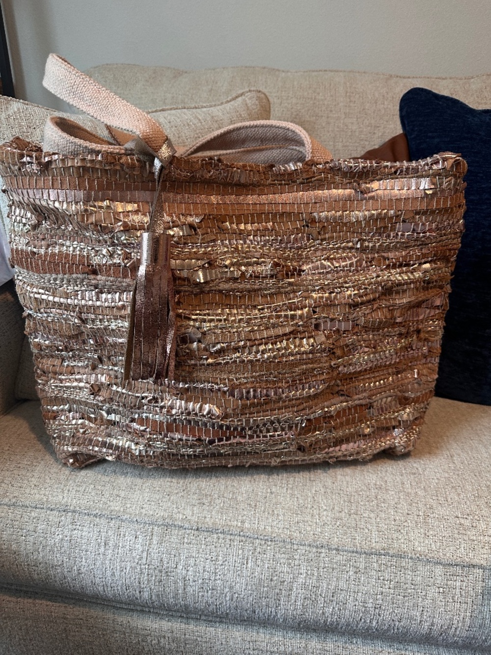 Z&L Rose Gold Metallic Woven Beach Tote Bag